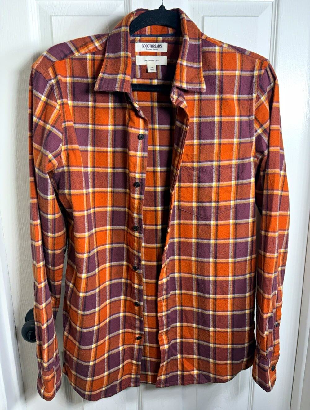 Men’s S Slim Orange Plaid Flannel Cotton Button-Up Shirt Fall Harvest Cowboy